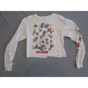 Tom And Jerry Womens Medium Crop Top White Long Sleeve Graphic Cartoon Y2K Shirt